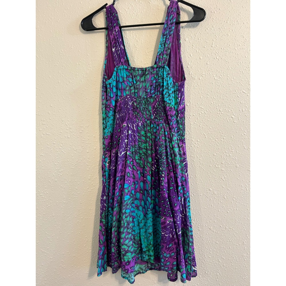 Fairycore Hippie Boho Womens Purple Teal Peacock Cotton Smocked Waist Dress S/M - Picture 2 of 7